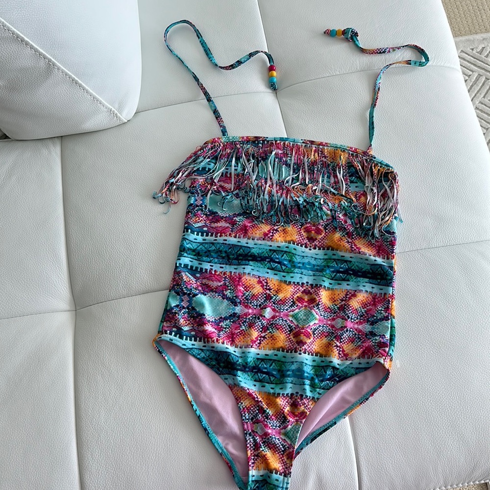 Vigoss Girls Fringed Colorful Print One-piece Tie-back Swimsuit